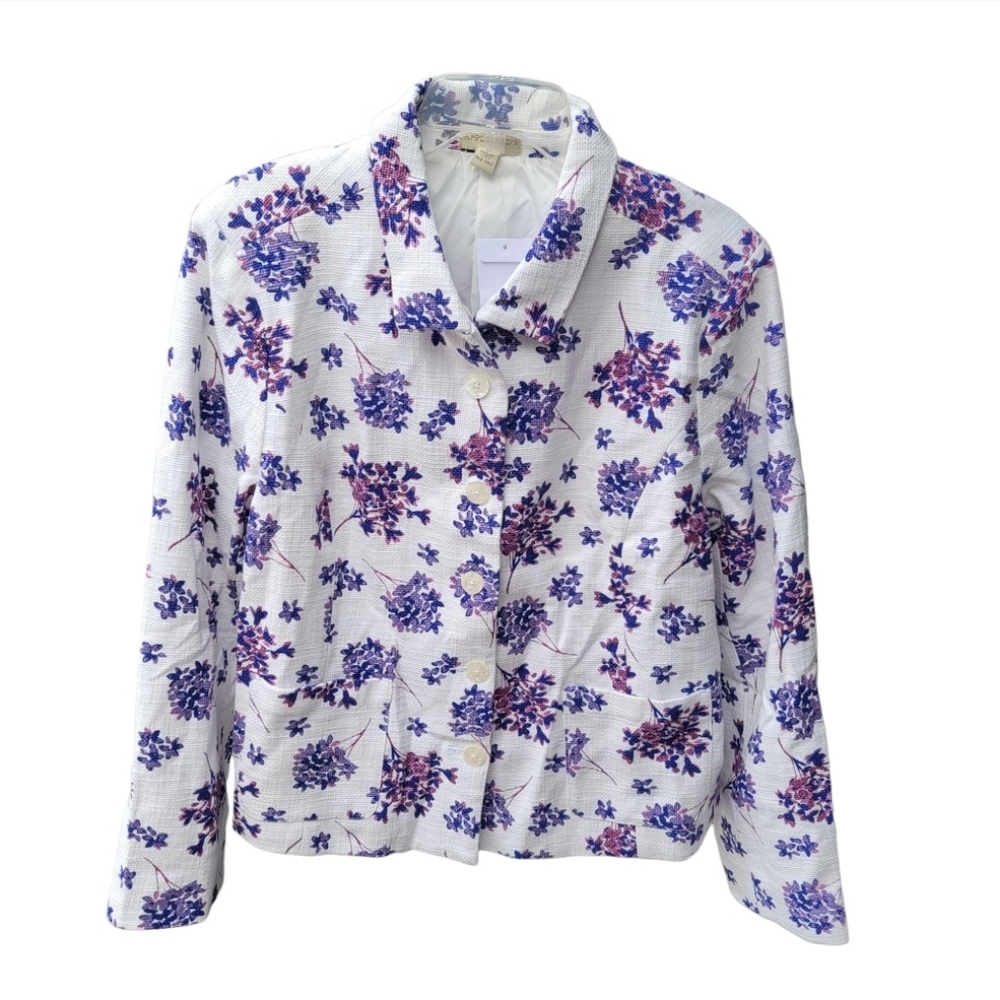 EUC APPLESEED'S WOVEN LINED WHITE JACKET WITH PURPLE HYDRANGEA PRINT WOMEN'S 12
